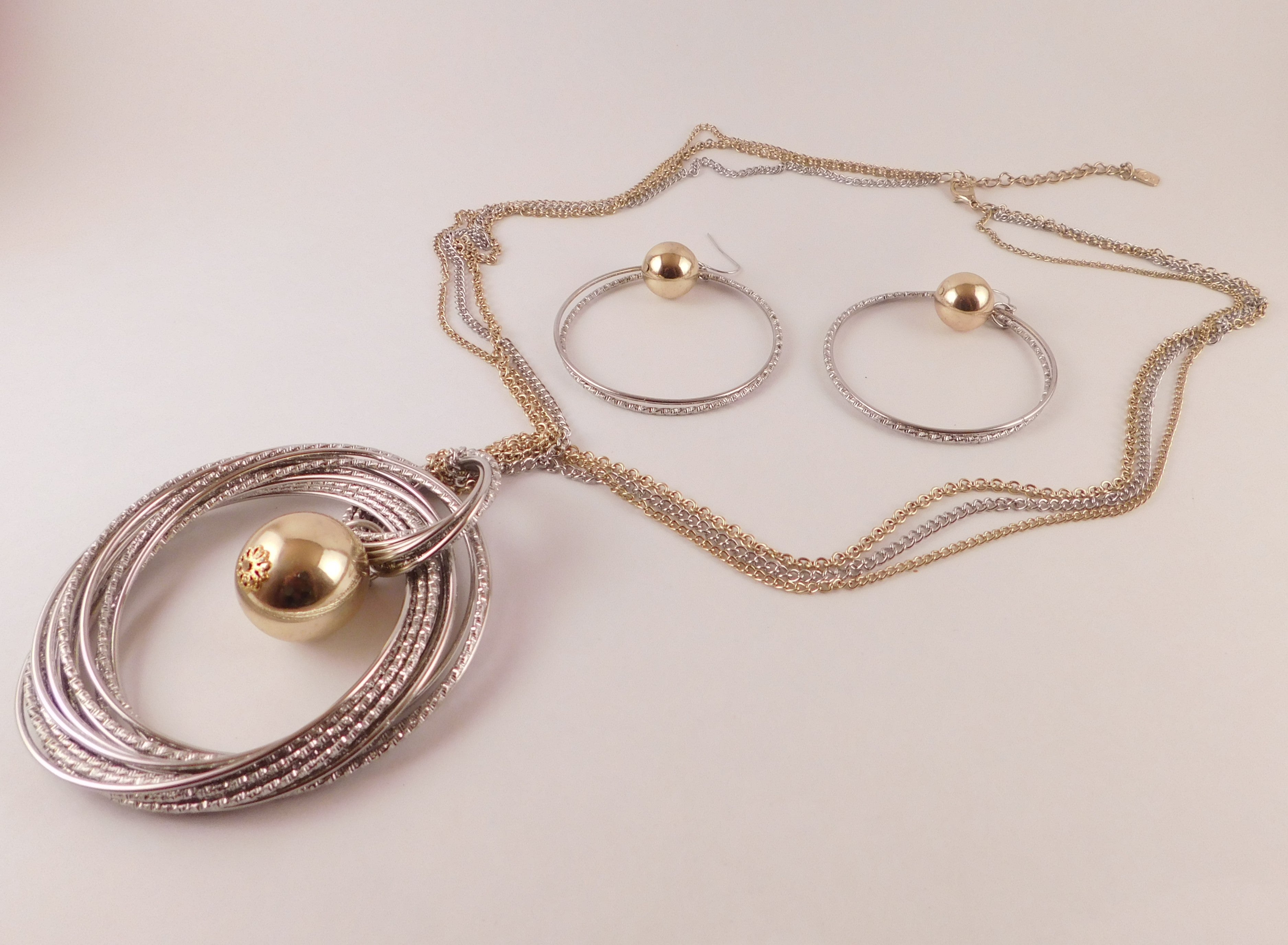 Silver Circles and Gold Ball Necklace and Earrings Set