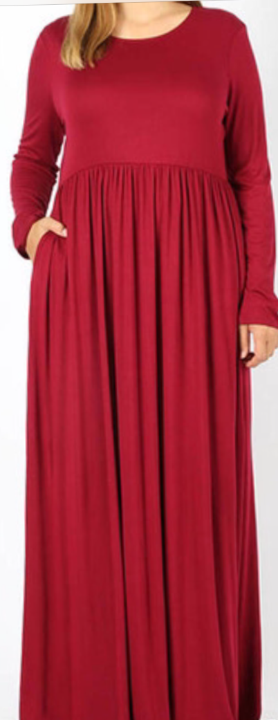 Plus-Size Long Sleeve Round Neck Maxi Dress W/Waist Shirring in 2 Colors